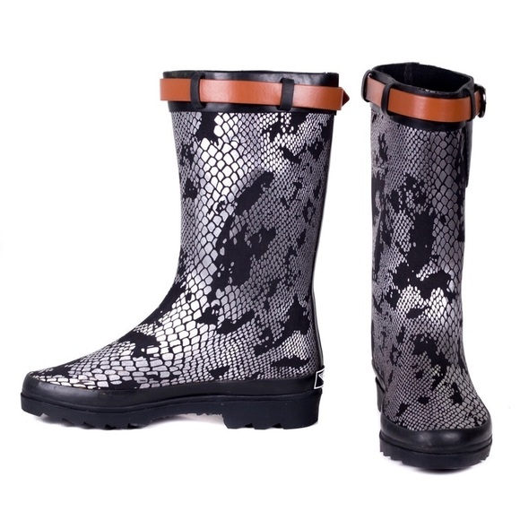 Womens Rain Boots Snake Skin Design Rubber RainBoots Wellies - Picture 4 of 4